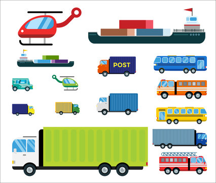 Transport delivery vector isolated white transportation car bus van fire truck helicopter ship silhouette icon tanker business logistic shipment set