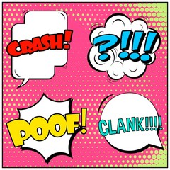 Abstract creative concept vector comic pop art style blank, layout template with clouds beams and isolated dots background. For sale banner, empty speech bubble set, illustration halftone book design.