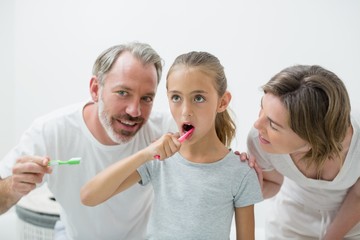Smiling family brushing their teeth with toothbrush