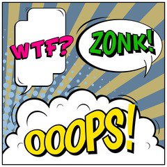 Abstract creative concept vector comic pop art style blank, layout template with clouds beams and isolated dots background. For sale banner, empty speech bubble set, illustration halftone book design.