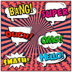 Abstract creative concept vector comic pop art style blank, layout template with clouds beams and isolated dots background. For sale banner, empty speech bubble set, illustration halftone book design.