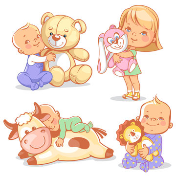 cute kids with plush toys. Boy hold teddy bear. Baby sleep on big toy cow. Happy girl play with soft toy rabbit. Toddler with plush lion friend.