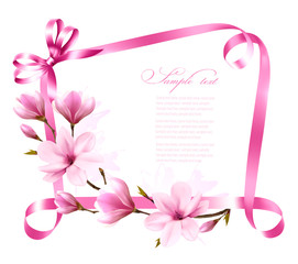Obraz premium Nature background with blossom branch of magnolia and pink ribbon. Vector