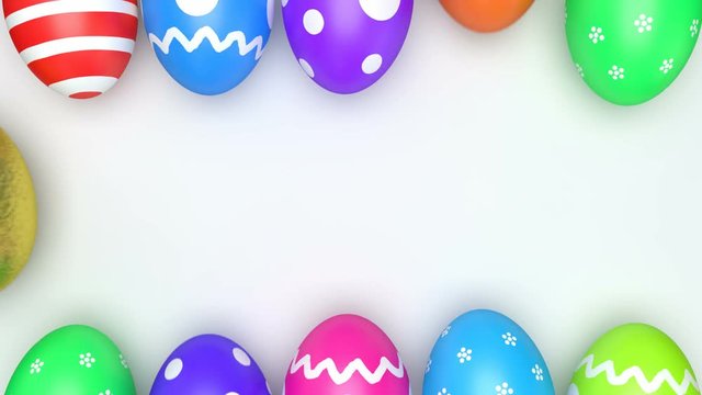 rolling golden egg revealing happy easter inscription between rows of colorful easter eggs, 3d rendering
