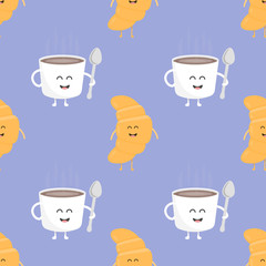 Coffee and croissant seamless pattern. Template for kids menu restaurant. Vector illustration