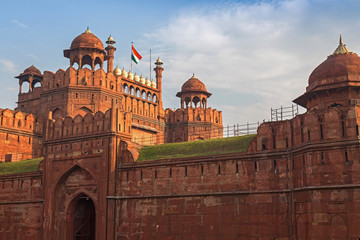 Fototapeta na wymiar Red Fort Delhi is a red sandstone fort city built during the Mughal regime. A Mughal Indian architecture structure designated as a UNESCO World Heritage Site in 2007.