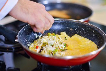 Man's hand holding an egg. White chicken egg. Chef starts preparing omelet.