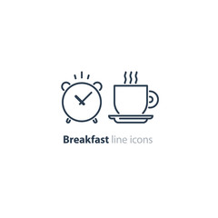 Morning tea cup icon, alarm clock, breakfast coffee
