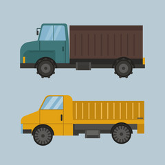 Agriculture industrial farm equipment machinery tractor brown truck and yellow rural machinery corn car harvesting wheel vector illustration.