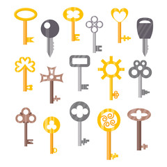 Vintage or antique door key isolated access household tool retro metal security house protection and decorative skeleton ornate secret sign vector illustration.