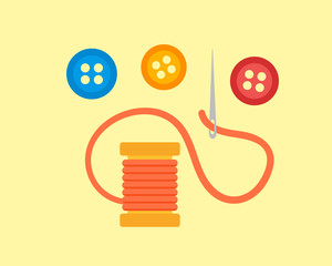 Tailor tools thread fashion fabric spool needlework design pin tailoring cloth thimble isolated vector illustration handmade industry equipment.