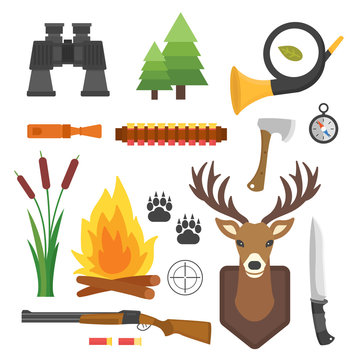 Set of vintage hunting symbols camping objects design elements flat style hunter weapons and forest wild animals and other outfit isolated vector illustration.