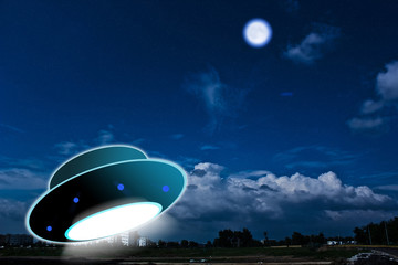 Obraz premium UFO flying.The photograph is prepared using 3D rendering and Gaussian noise distribution in image processing software and coding. It consists of 10 layers.Three photograph are merged here.