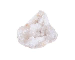 Clear crystal quartz geode with crystalline druzy center isolated on white background