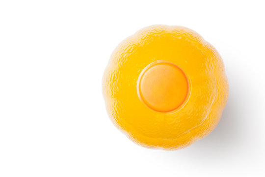 Bottle Of Orange Juice On White Background. Top View.