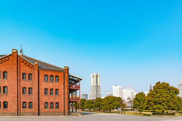 Fototapeta na wymiar Yokohama City Landscape at the Red Brick Park in Yokohama, Japan.