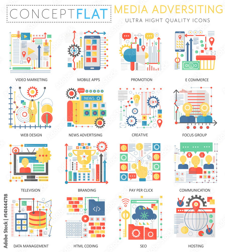 Poster infographics mini concept media advertising icons and digital marketing for web. premium quality col