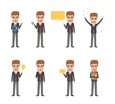 set of business man character in job collection. avatar of people vector flat design.
