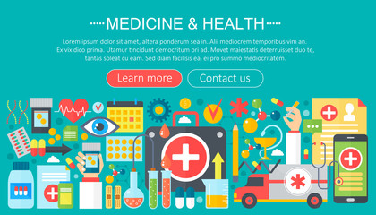 Fototapeta na wymiar Medicine and health design concept set with healthcare medicine devices infographics template design, web header elements, poster banner. Vector illustration.