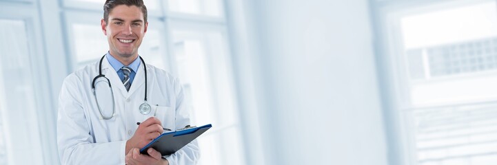 Composite image of portrait smiling doctor writing on clipboard