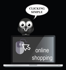 Comical online internet shopping with bird businessman shopper