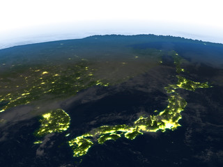 Japan and Koreas at night on planet Earth