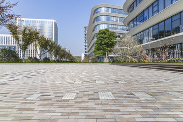 Empty floor with modern business office building