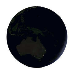 Australia on Earth at night isolated on white
