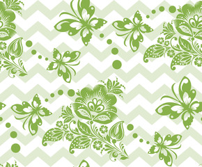 Green spring russian floral seamless pattern background, vector illustration. Trendy color 2017