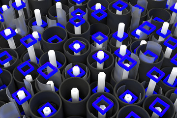 Fototapeta premium Pattern of black tubes, hexagons, square elements and glass surfaces