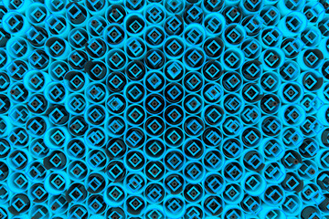 Fototapeta na wymiar Pattern of colored tubes, repeated square elements, black hexagons and surfaces