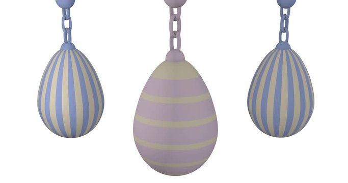 3d Animation, rotierende Eier an einer Kette in Pastelltönen auf weißem Hintergrund