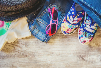 baby items on wooden background. selective focus. 