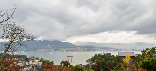 Landscape of Miyajima island with Torii gate of Itsukushima Shinto Shrine in Hiroshima, Japan