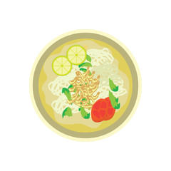 hot fried white noodle with lemon and tomato garnish on white background. vector illustration