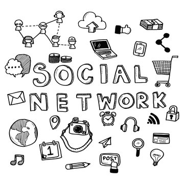 Hand draw business doodles with varieties of social network icons and words set on white background.Concept for business idea,startup and innovation technology.Doodle art collection.