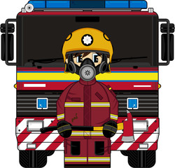 Cute Cartoon Fireman and Fire Engine