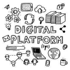 Hand draw business doodles digital platform icons and words set on white background.Concept for business idea,startup and innovation technology.Doodle art collection.