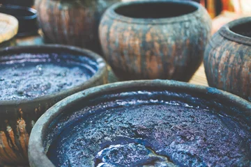 Fotobehang Indigo Dyed Yarns Pots © Cozychompu.Studio