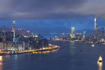 Panorama of Victoria Harbor of Hong Kong at night