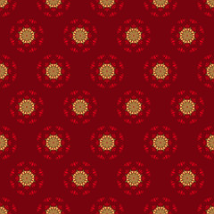 Vector seamless background pattern of circular ornament colored mandala repeating on red background