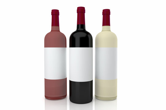 3 wine bottles isolated on white 3d rendering