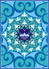 Ramadan greeting card with the image of the big beautiful mosque and east ornament in Moorish style. Vector template