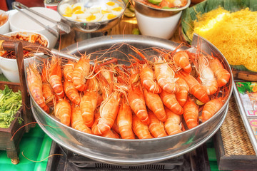 Shrimp cooked on the barbecue grill, Thailand market seafood, closeup