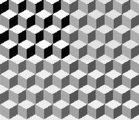 Vector illustration with halftone pattern. Isometric Cubes Engraving Seamless Texture. Black Strokes Background. Vector Illustration.