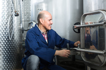Naklejka na ściany i meble mature man working in wine fermentation section.