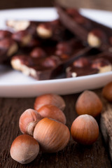 Chocolate pieces with hazelnut nuts on white plate wooden background. close up.