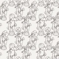Doodle seamless pattern with circus animals and artists.