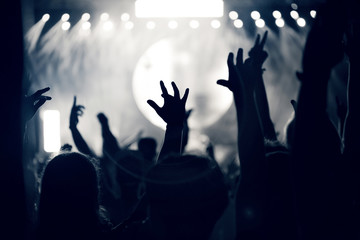 Fototapeta na wymiar Crowd at a music concert, audience raising hands up, toned
