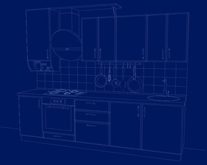 Kitchen cabinetry with round hood on blue background.